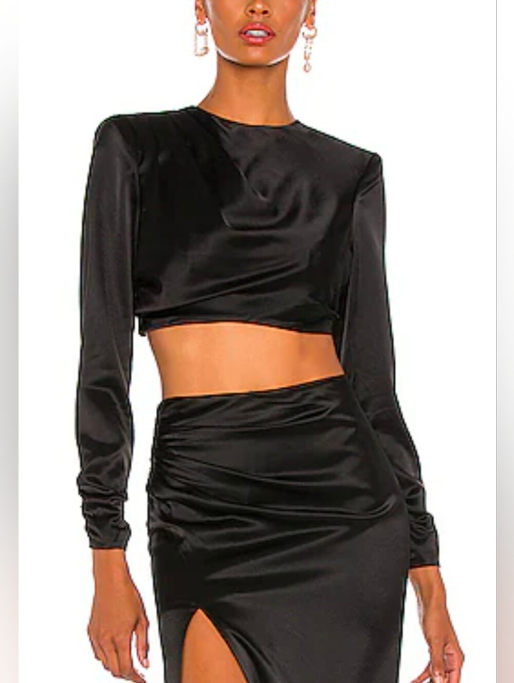 NWT! Cinq A Sept Black Satin Cropped Long-Sleeve Top Size S